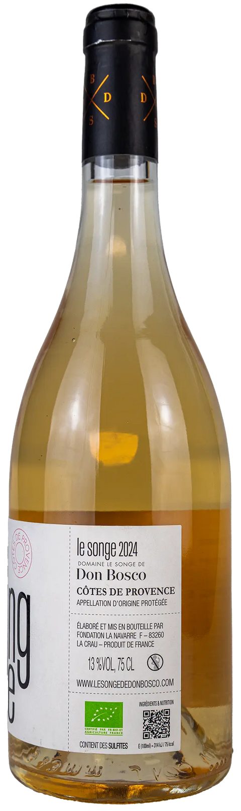 Nahaufnahme des Etiketts vom Domaine Le Songe de Don Bosco rose 2024 aus der Provence mit Details zum Wein und Weingut. Bio 