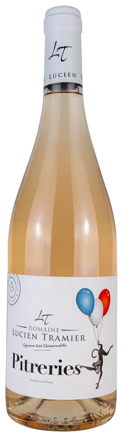 Vorderansicht einer Weinflasche Domaine Lucien Tramier 'Pitreries' 2022 von der	Rhône, ein trockener Roséwein von Leons Weinhaus
