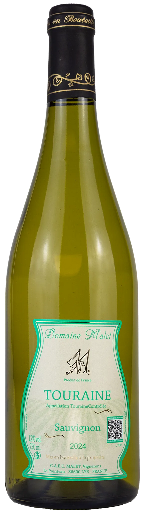 Vorderseite einer Weißweinflasche Domaine Malet 'Sauvignon' 2024 aus der Touraine - Loire. Ein trockener Weisswein von Leons Weinhaus