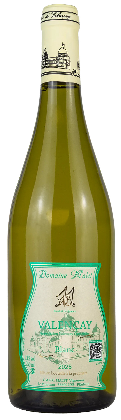 Vorderseite einer Weissweinflasche Domaine Malet 'Valencay' 2025 aus Valencay - Loire, ein trockener Weisswein von Leons Weinhaus
