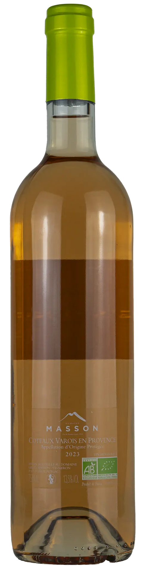 Rückseite einer Weinflasche Domaine Masson 2023, aus der Coteaux Varois en Provence. Ein trockener Roséwein von Leons Weinhaus