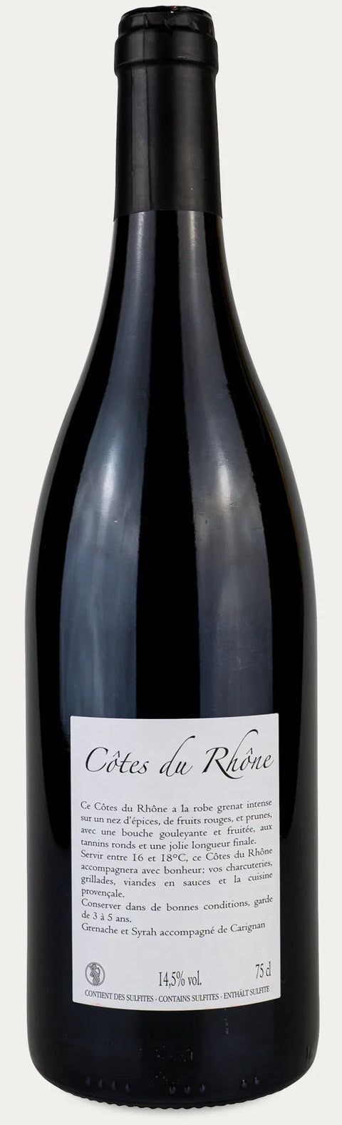 Rückseite einer Weinflasche Côtes du Rhône 2019 , Domaine Notre Dame, Rückseite, 75cl, ein trockener Rotwein von Leons Weinhaus