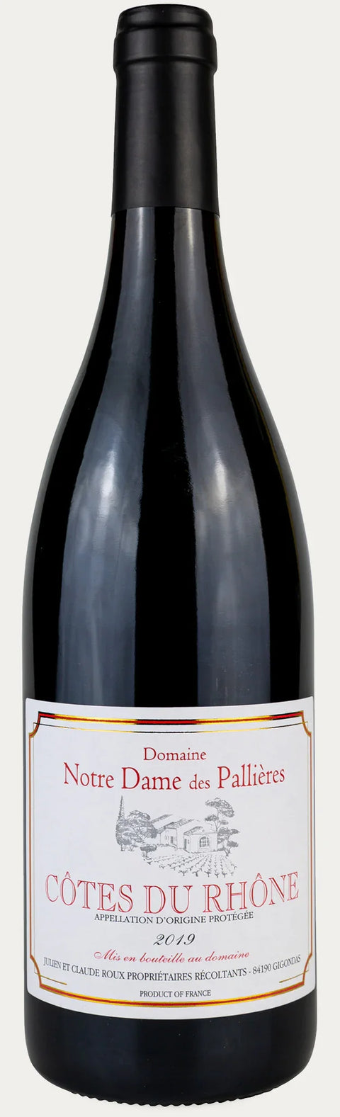 Vorderseite einer Weinflasche Côtes du Rhône 2019 , Domaine Notre Dame, Rückseite, 75cl, ein trockener Rotwein von Leons Weinhaus