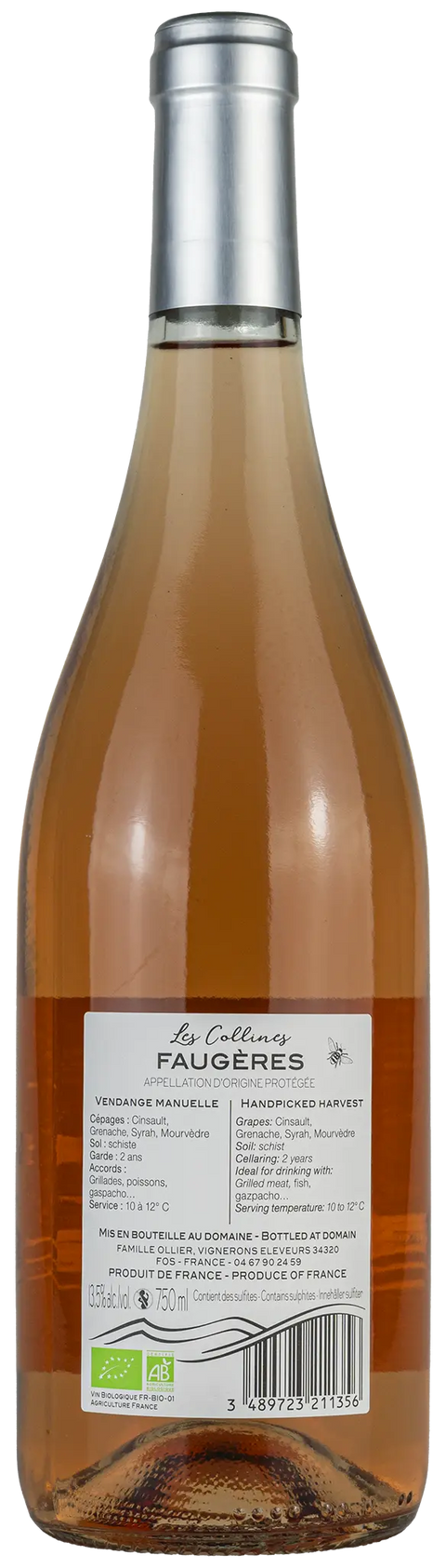 Rückseite einer Weinflasche Domaine Ollier Taillefer 'Les Collines' 2023  aus dem Languedoc, ein trockener Roséwein von Leons Weinhaus