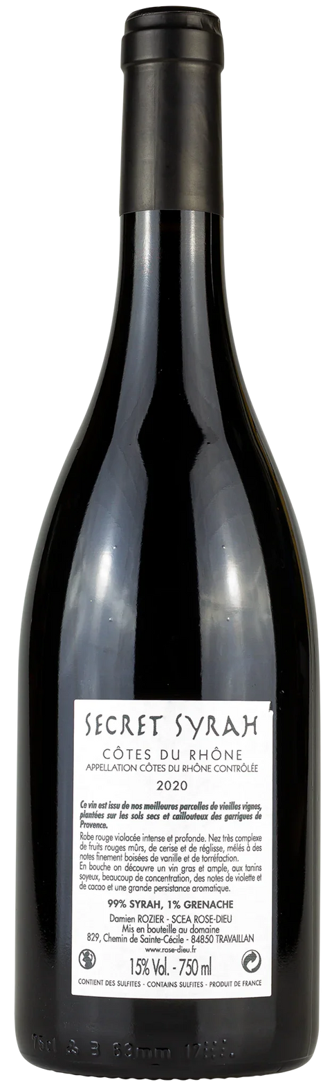Rückseite einer Weinflasche Domaine Rose Dieu Secret Syrah 2020,  von der Rhone, ein trockener französischer Rotwein von Leons Weinhaus