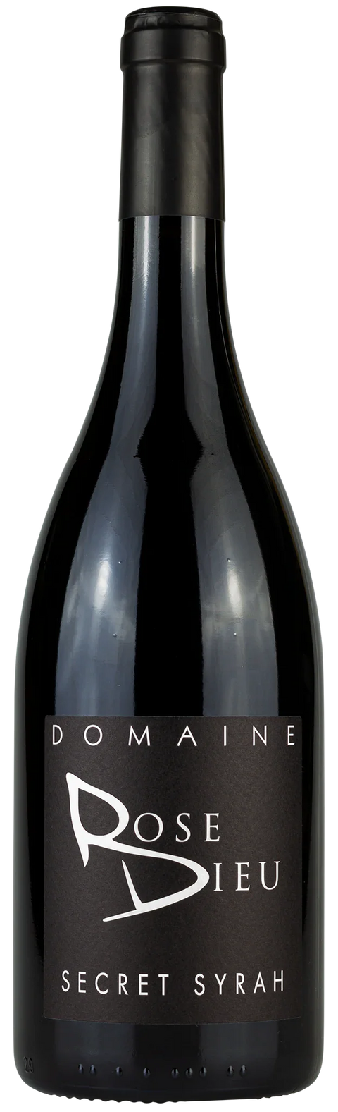 Vorderansicht einer Weinflasche Domaine Rose Dieu Secret Syrah 2020,  von der Rhone, ein trockener französischer Rotwein von Leons Weinhaus