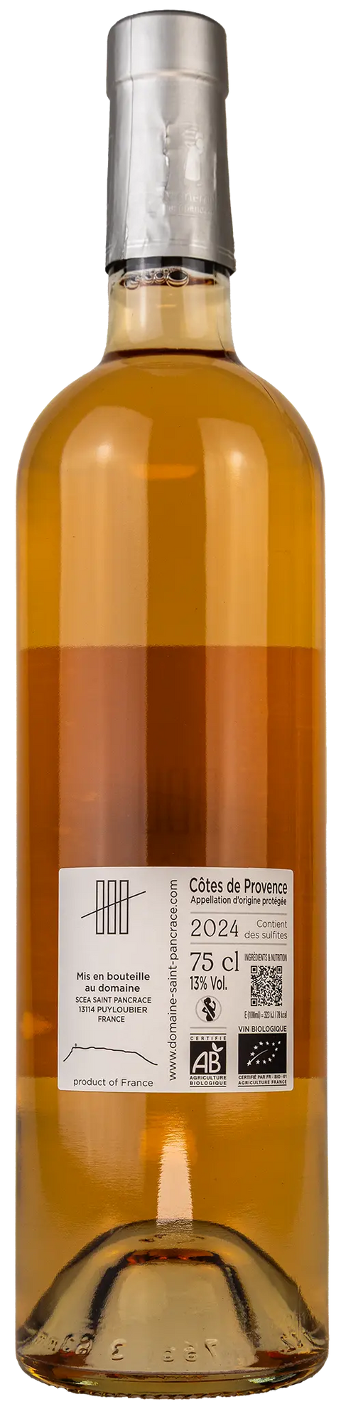 Nahaufnahme des Etiketts vom Domaine Saint-Pancrace rosé Bio 2024 aus der Provence mit Details zum Wein. 