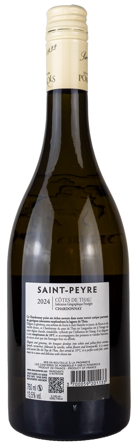 Rückseite einer Weinflasche Domaine Saint-Peyre - Chardonnay 2024 aus Côtes de Thau  - Languedoc, ein trockener Weisswein von Leons Weinhaus