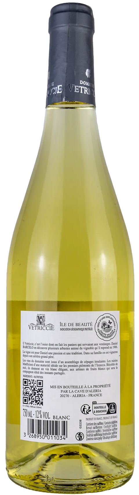 Rückseite einer Weinflasche Domaine Vetriccie blanc 2024 von der Île de Beauté - Korsika, in trockener Weisswein von Leons Weinhaus