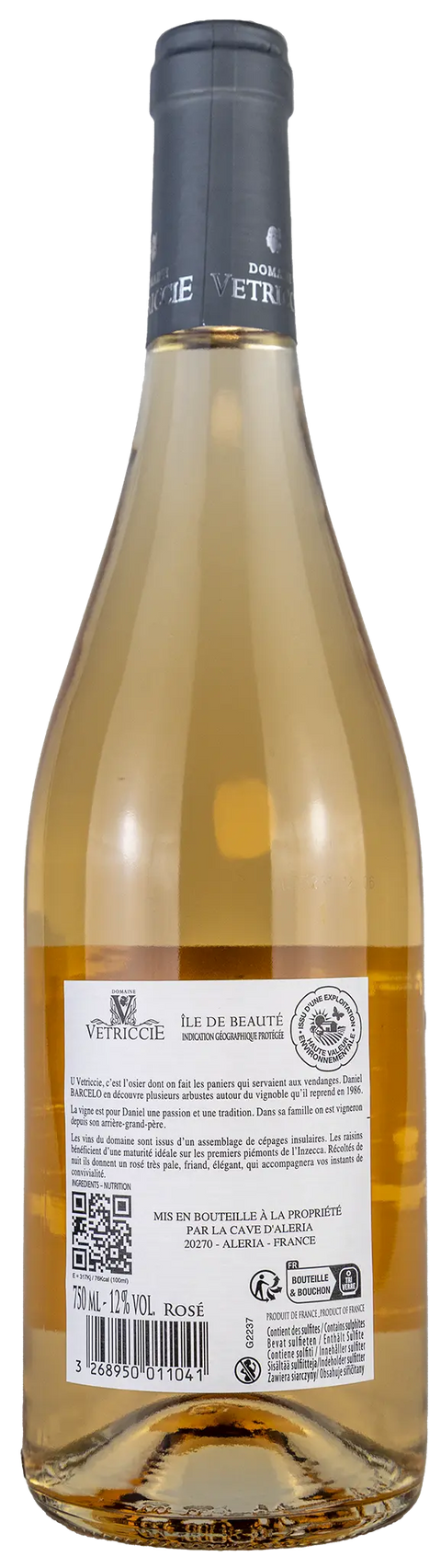 Rückseite einer Weinflasche Domaine Vetriccie rosé 2024, von der Île de Beauté - Korsika, Ein trockener 	Roséwein mit Goldmedaille von Leons Weinhaus