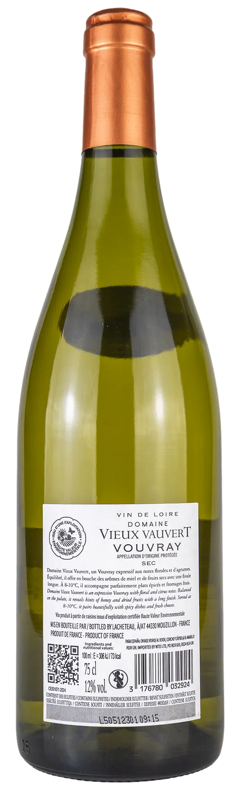 Rückseite einer Weinflasche Domaine Vieux Vauvert 2024 aus Vouvray - Loire, ein trockener Chenin Blanc Weisswein von Leons Winhaus
