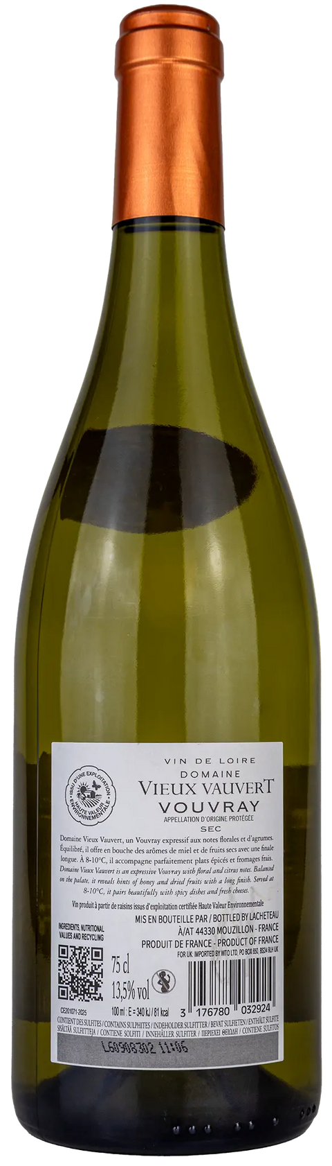 Nahaufnahme des Etiketts von Domaine Vieux Vauvert 2025 aus dem Vouvray, Loire mit Details zum Wein. 