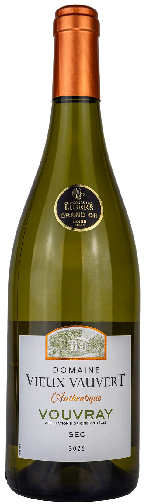 Vorderansicht der Weinflasche Domaine Vieux Vauvert 2025 aus dem Vouvray, Loire. Ein trockener französischer Weisswein mit einer Goldmedaille von Leons Weinhaus.