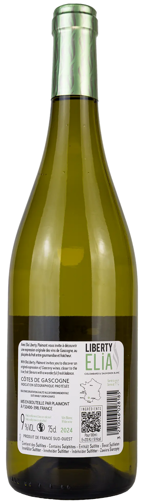 Nahaufnahme des Etiketts von Elia Liberty 2024 aus der Gascogne, Süd-West mit Details zu den Rebsorten Colombard und Sauvignon Blanc. 