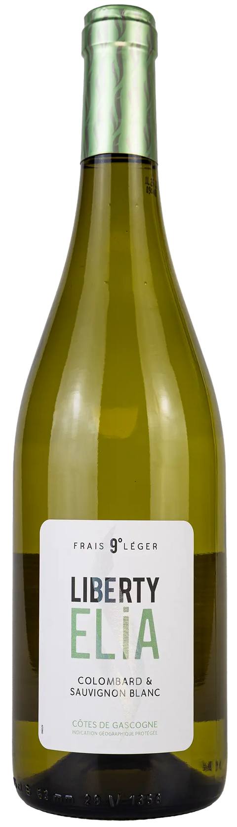 Vorderansicht der Weinflasche von Elia Liberty 2024 aus der Gascogne, Süd-West mit nur 9% vol. Alkohol. Ein halbtrockener französischer Weisswein von Leons Weinhaus.
