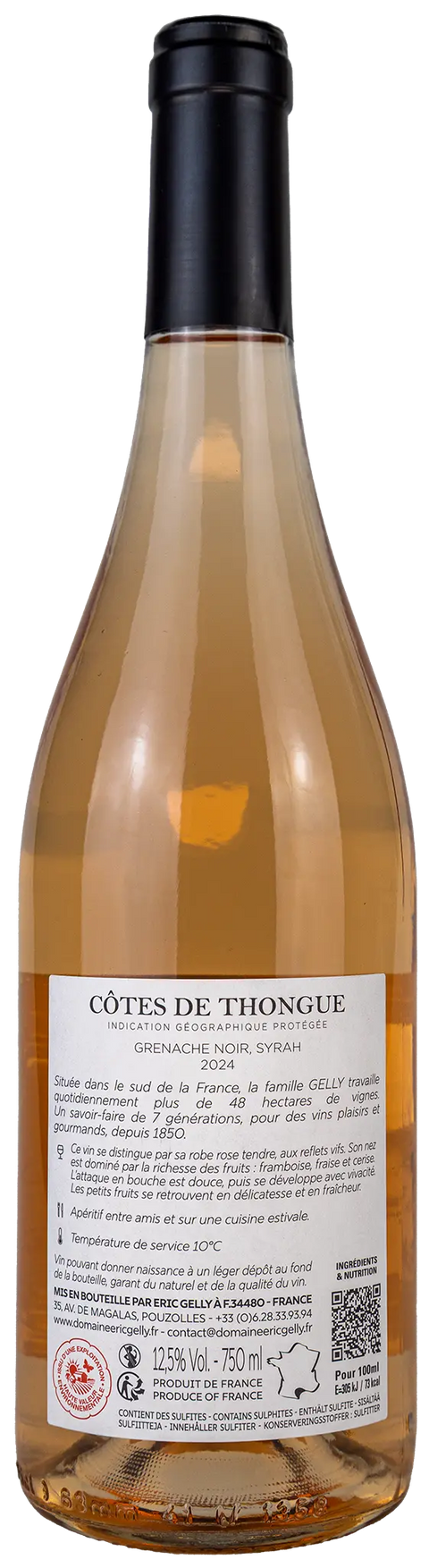 Nahaufnahme des Etiketts vom éric Gelly Plaisir des Sens rosé 2024 Côtes de Thongue, Languedoc mit Details zu den Rebsorten Grenache Noir und Syrah. 