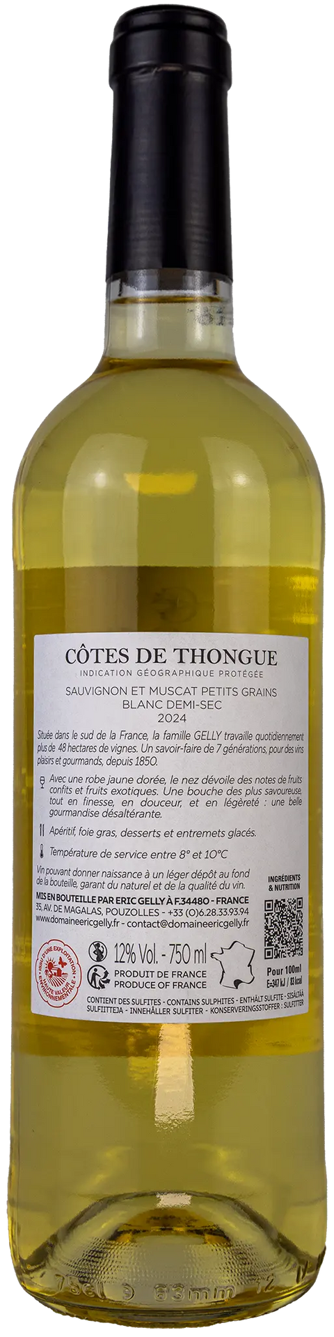 Nahaufnahme des Etiketts éric Gelly 'Secret de Madame' 2024 aus dem Côtes de Thongue, Languedoc mit Details zu den Rebsorten Sauvignon und Muscat Petits Grains. 