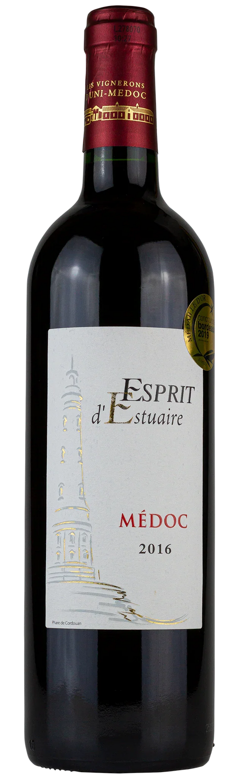 Vorderansicht der Weinflasche Esprit d'Estuaire Médoc 2016, 
Médoc - Bordeaux, ein trockener französischer Rotwein mit Goldmedaille von Leons Weinhaus