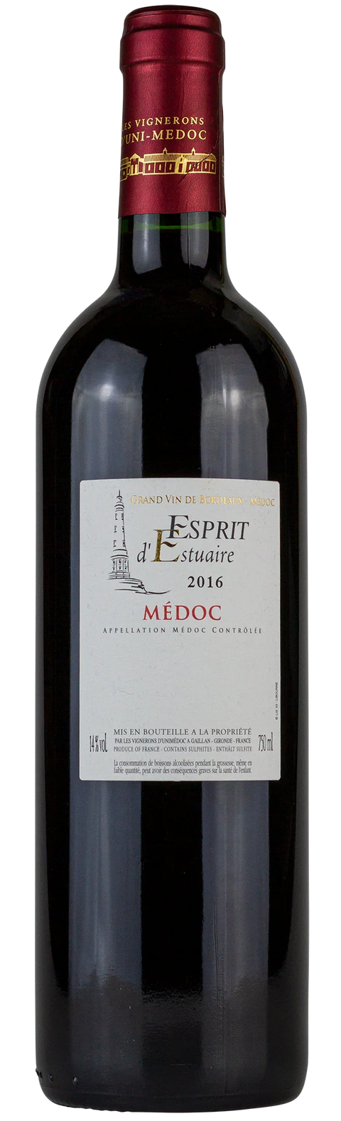 Vorderseite der MAGNUM Weinflasche Esprit d'Estuaire Médoc 2016 aus dem Médoc - Bordeaux, französischer Spitzenwein, ein trockener Rotwein mit Goldmedaille der Bordeaux von Leons Weinhaus