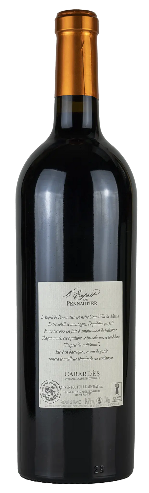 Rückseite einer Weinflasche l´Esprit de Pennautier 2018 aus Cabardès - Languedoc. Ein trockener Rotwein von Leons Weinhaus