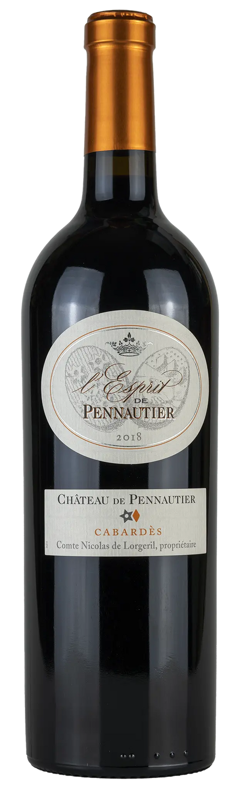Vorderseite einer Weinflasche l´Esprit de Pennautier 2018 aus Cabardès - Languedoc. Ein trockener Rotwein von Leons Weinhaus.