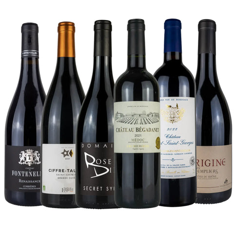 Unser Festtagspaket von Leons Weinhaus mit sechs herausragenden trockenen Rotweinen aus Frankreich. 