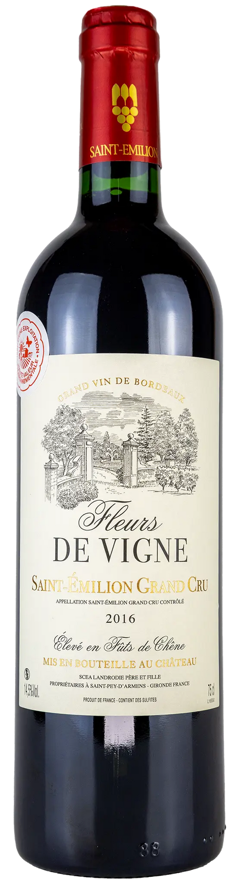 Vorderansicht der Weinflasche Fleurs de Vigne 2016 aus dem Saint Emilion Grand Cru- Bordeaux. Ein trockener französischer Rotwein von Leons Weinhaus