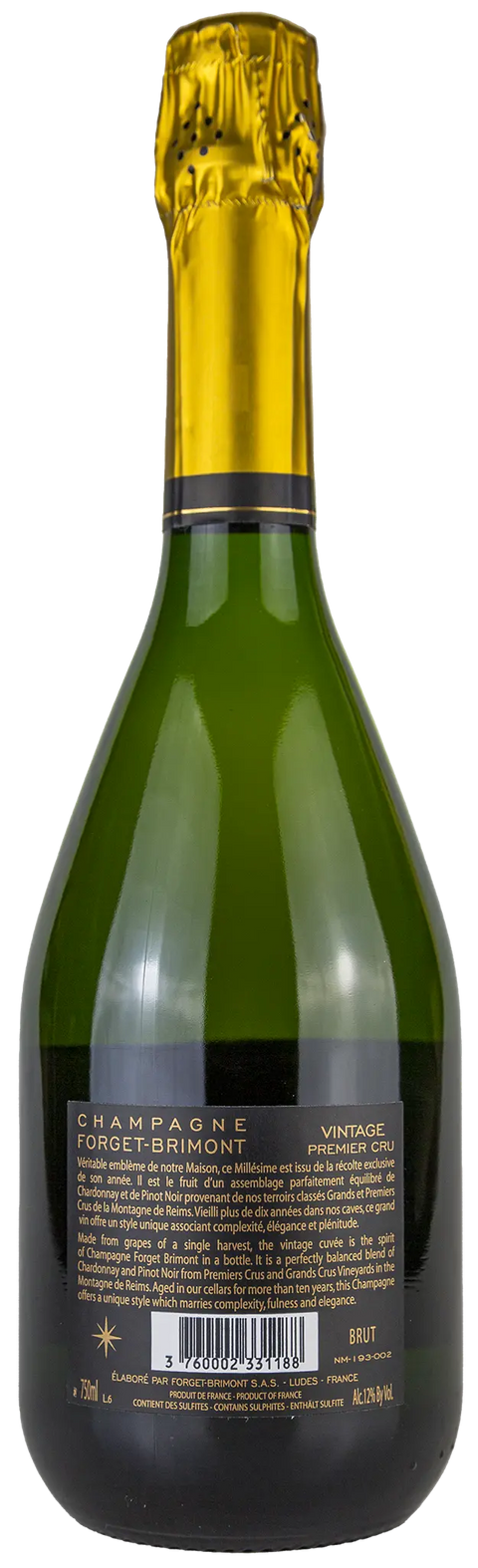 Rückseite der Flasche Forget Brimont 2014, Champagne, Jahrgangschampagner bei Leons Weinhaus