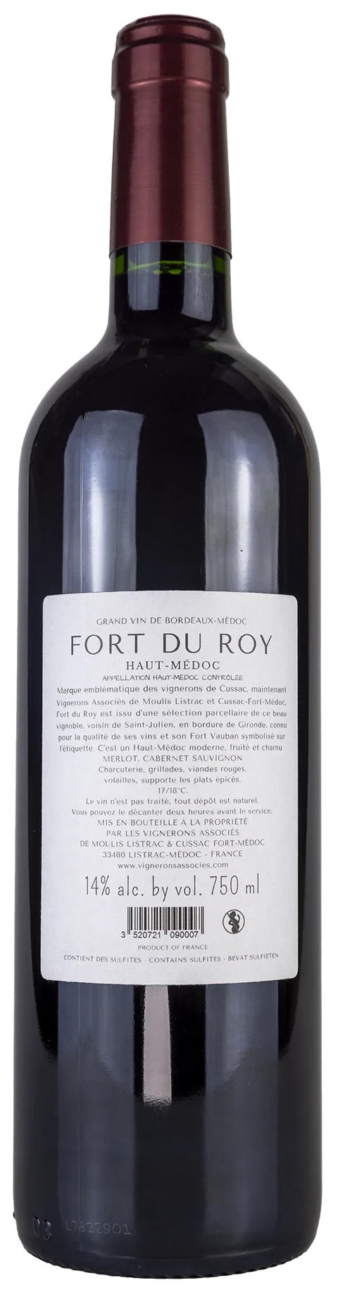 Rückseite einer Weinflasche Fort du Roy 2022 aus Haut-Médoc - Bordeaux. Ein trockener französischer Rotwein von Leons Weinhaus.