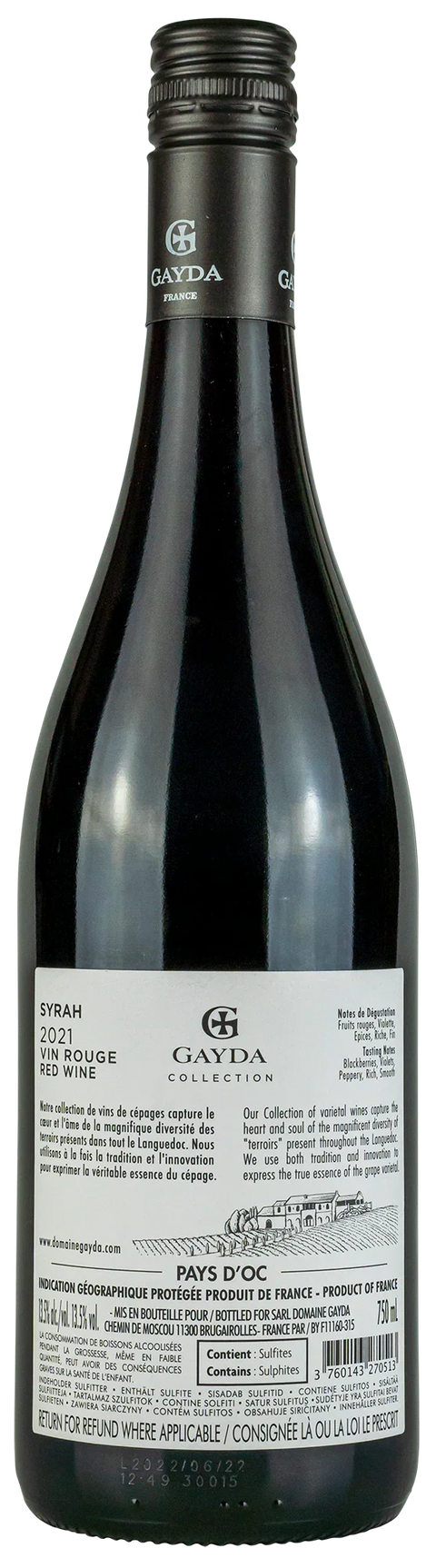 Rückseite einer Weinflasche Gayda Collection Syrah 2021, Pays d’Oc - Languedoc, ein trockener Rotwein von Leons Weinhaus