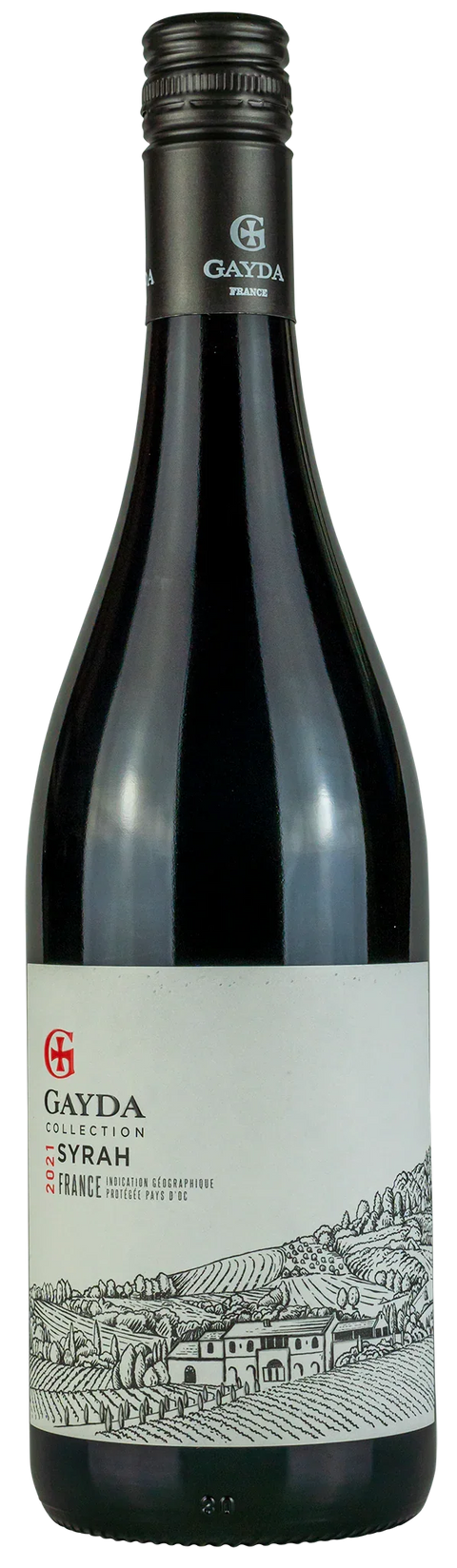 Vorderseite einer Weinflasche Gayda Collection Syrah 2021, Pays d’Oc - Languedoc, ein trockener Rotwein von Leons Weinhaus