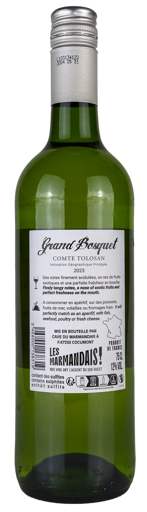 Rückseite einer Weinflasche Grand Bosquet 2023 aus Comté Tolosan der Regon Süd-West, ein trockener Weisswein von Leons Weinhaus