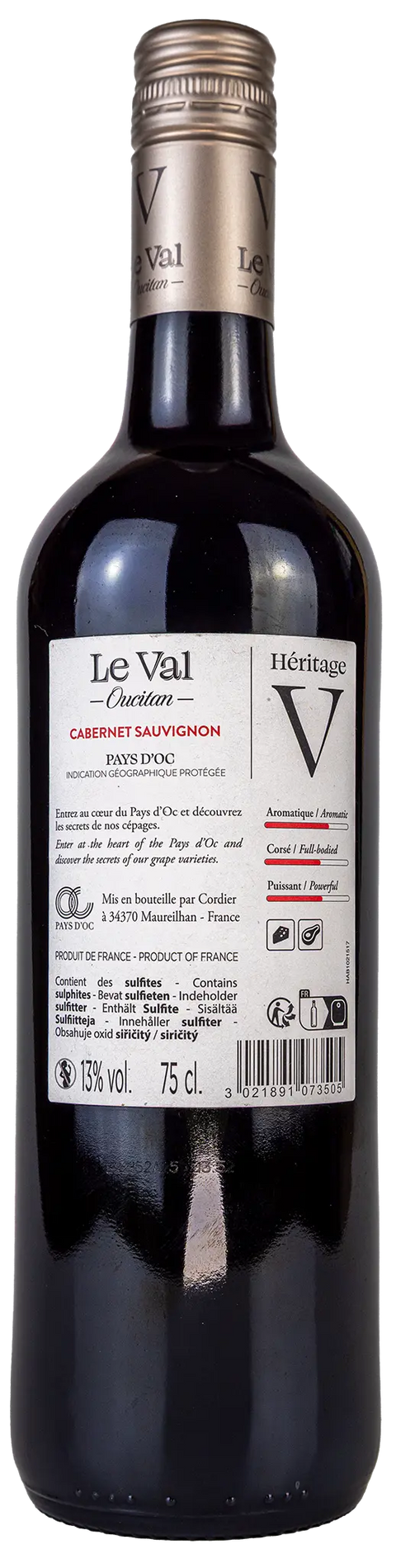 Nahaufnahme des Etiketts Héritage Le Val Oucitan Cabernert Sauvignon 2021 aus dem Languedoc mit Details zum Wein und Rebsorte.