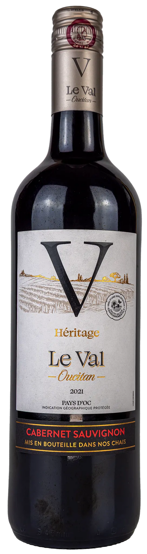 Vorderansicht der Weinflasche Héritage Le Val Oucitan Cabernet Sauvignon 2021 aus dem Languedoc. Ein trockener französischer Rotwein von Leons Weinhaus.