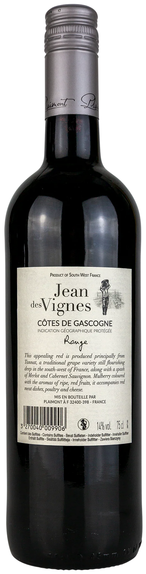 Rückseite einer Weinflasche Jean des Vignes Rouge 2020 aus Côtes de Gascogne aus der Region Süd-West, ein französischer Rotwein von Leons Weinhaus