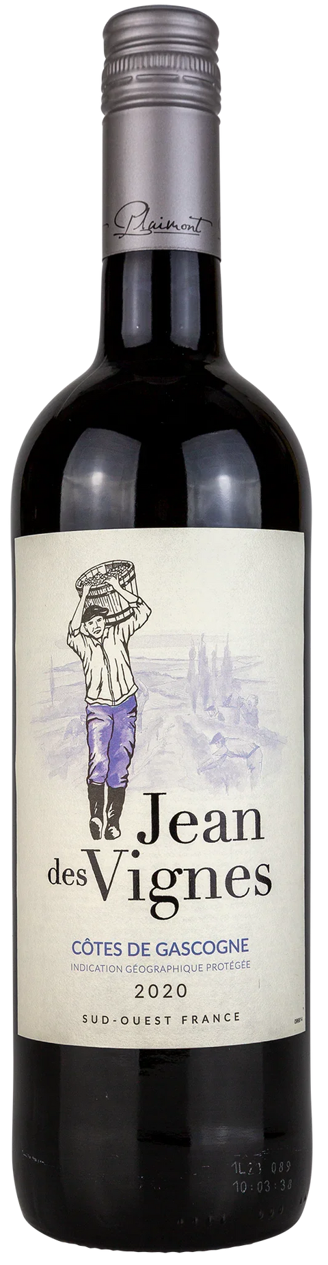 Vorderseite einer Weinflasche Jean des Vignes Rouge 2020 aus Côtes de Gascogne aus der Region Süd-West, ein französischer Rotwein von Leons Weinhaus