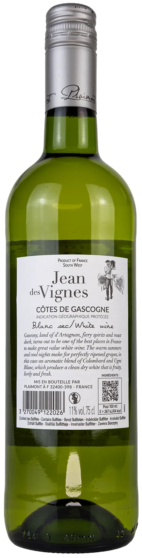 Nahaufnahme des Etiketts von Jean des Vignes blanc 2024 aus der Gascogne, Süd-West mit Details zu den Rebsorten Colombard und Ugni Blanc. 
