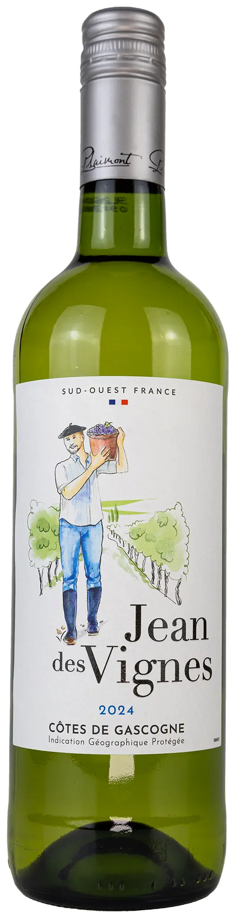 Vorderansicht der Weinflasche Jean des Vignes blanc 2024 aus der Gascogne, Süd-West. Ein trockener französischer Weisswein von Leons Weinhaus.