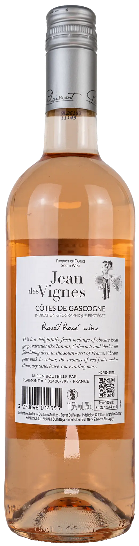 Nahaufnahme des Etiketts Jean des Vignes rosé 2025 aus der Gascogne, Süd-West mit Details zu den Rebsorten Tannat, Cabernet und Merlot. 
