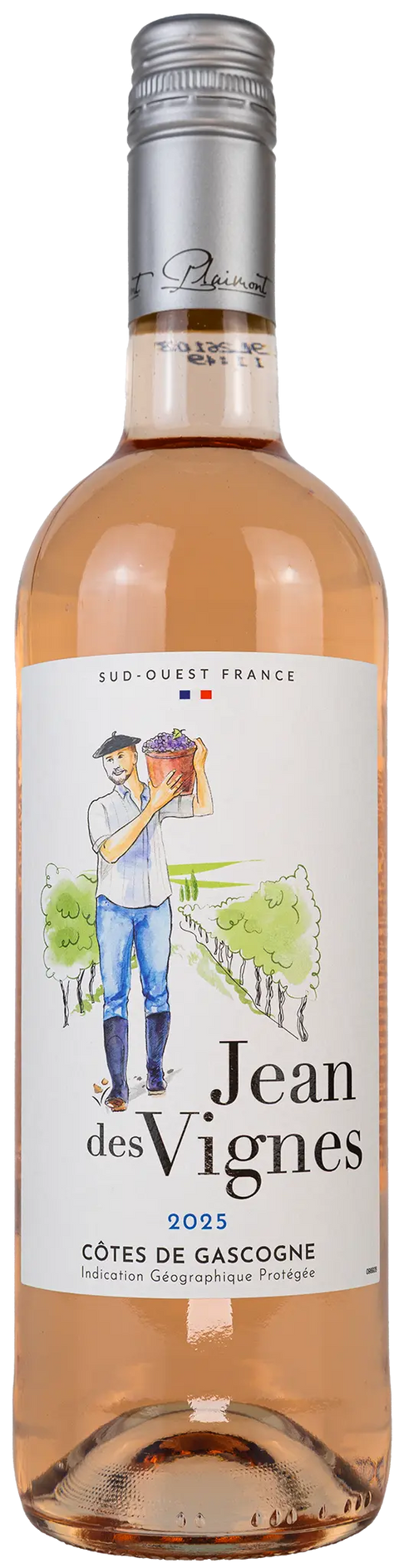 Vorderansicht der Weinflasche Jean des Vignes rosé 2025 aus der Gascogne, Süd-West. Ein trockener französischer Roséwein von Leons Weinhaus.