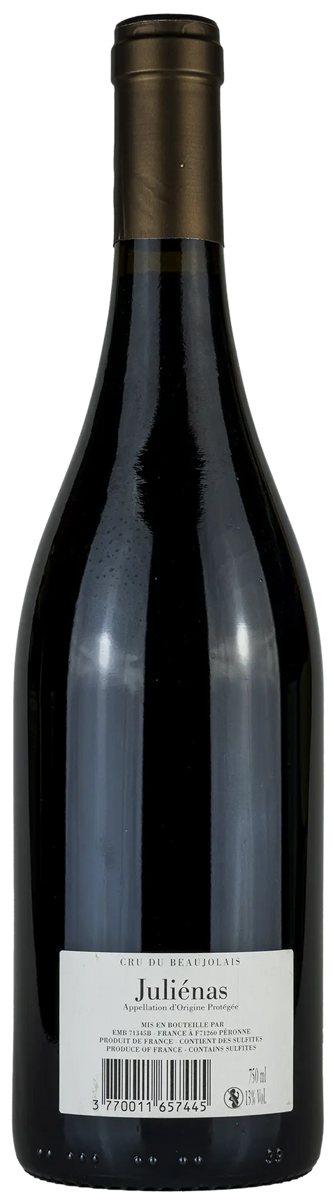 Rückseite der Weinflasche, Juliénas 'Cru du Beaujolais' 2023, aus dem Beaujolais, ein trockener Rotwein von Leons Weinhaus