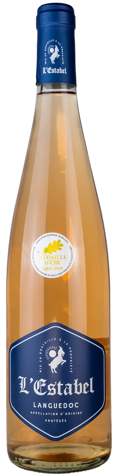 Vorderseite einer Weinflasche L´Estabel rosé 2024 aus dem Longuedoc. Ein trockener Roséwein mit Goldmedaille von Leons Weinhaus