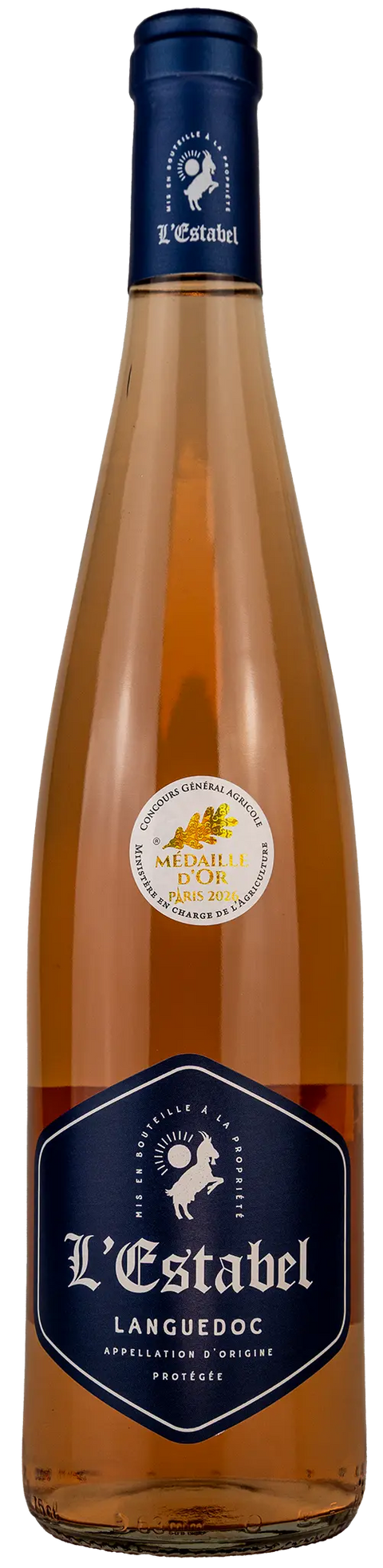 Vorderansicht der Weinflasche L´Estabel rosé 2025 aus dem Languedoc mit einer Goldmedaille de Paris. Ein trockener französischer Roséwein von Leons Weinhaus.