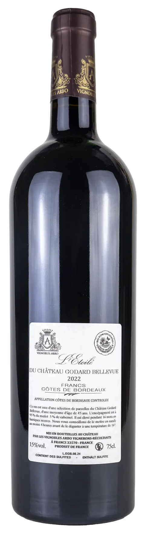 Rückseite einer Weinflasche L´Etoilé du Château Godard Bellevue 2022 von der Côtes de Francs - Bordeaux, ein trockener französischer Rotwein von Leons Weinhaus