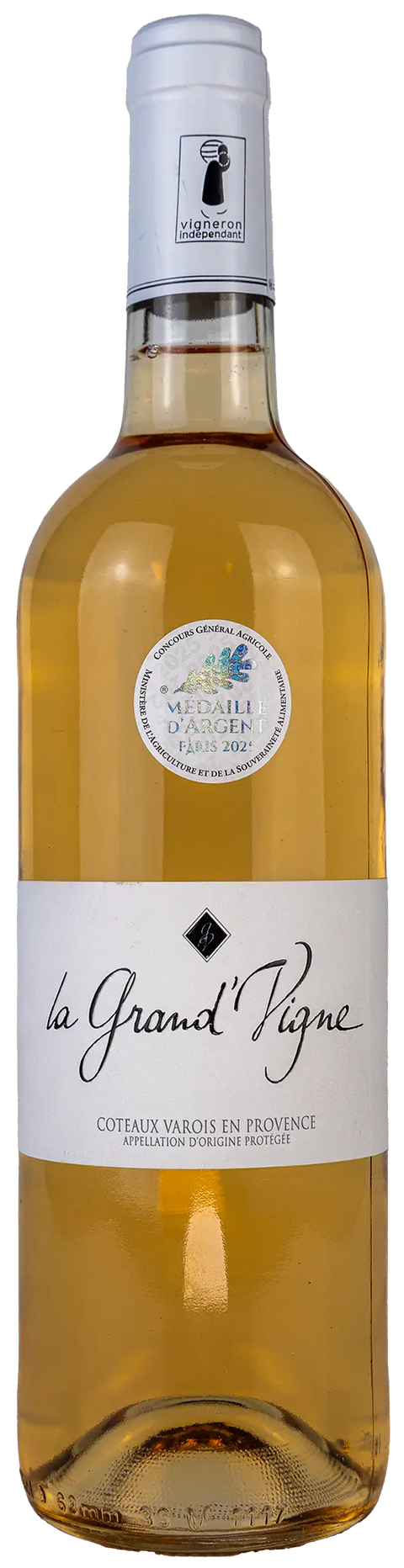 Vorderansicht der Weinflasche la Grand´ Vigne rose 2024 Silbermedaille aus der Provence. Ein trockener französischer Roséwein. 