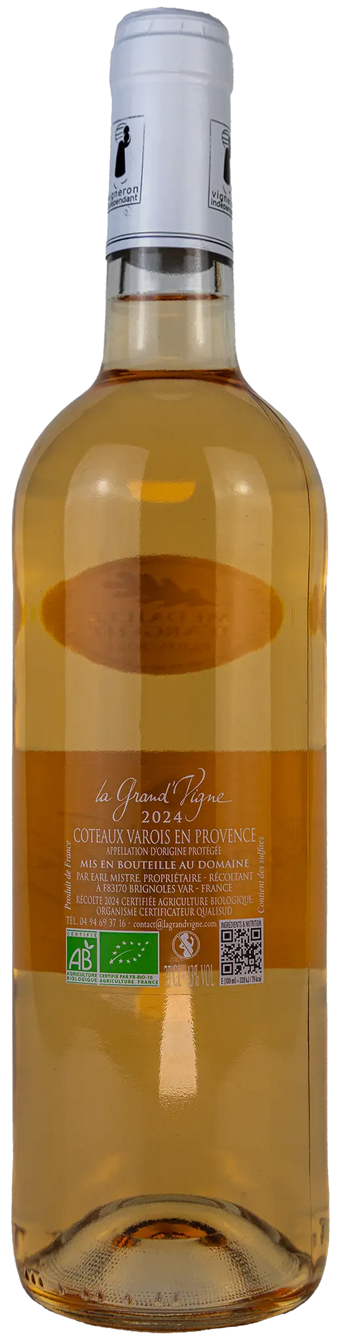 Nahaufnahme des Etiketts vom La Grand´ Vigne rose 2024 aus der Provence mit Details zum Wein und Weingut. 