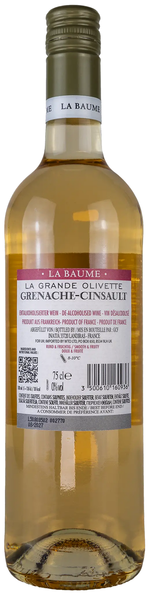Rückseite der Weinflasche La Grande Olivette Grenache-Cinsault 'La Baume' 0%vol., ein trockener alkoholfreier französischer Roséwein von Leons Weinhaus