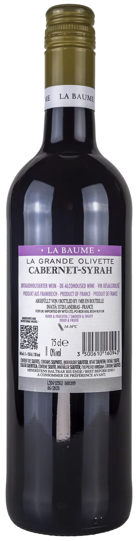 Rückseite der Weinflasche La Grande Olivette Cabernet-Syrah 'La Baume' 0%vol., ein trockener alkoholfreier französischer Rotwein von Leons Weinhaus