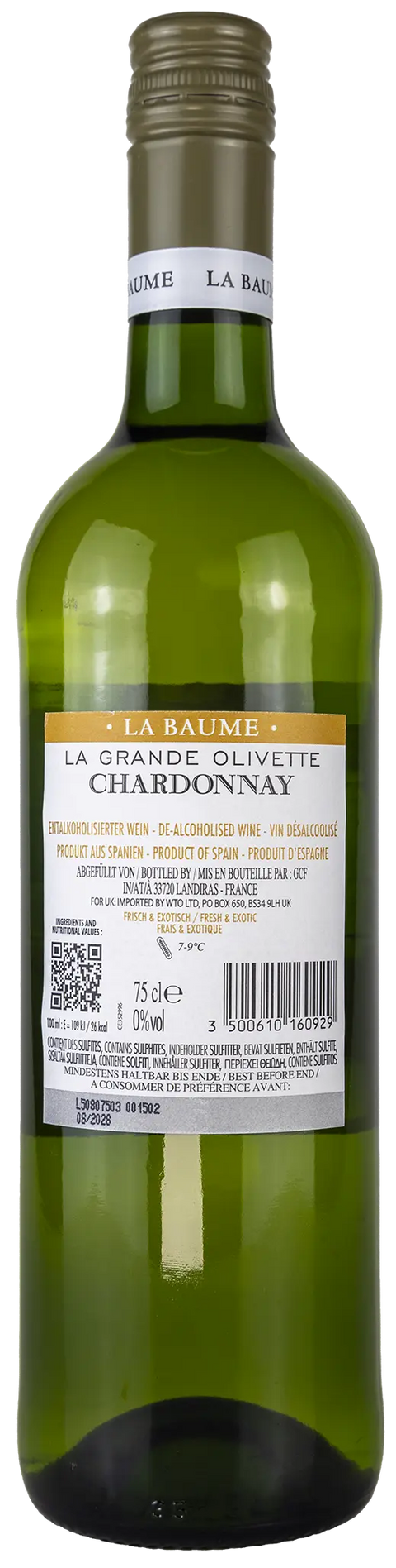 Rückseite der Weinflasche La Grande Olivette Chardonnay 'La Baume' 0%vol., ein trockener alkoholfreier französischer Weißwein von Leons Weinhaus