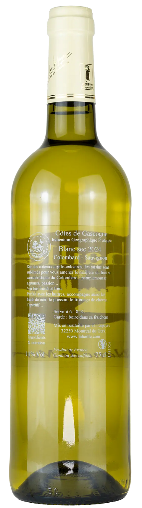 Rückseite einer Weinflasche la haille 'Blanc de Mer' 2024, aus der Gascogne - Süd-West, ein trockener französischer Weisswein von Leons Weinhaus